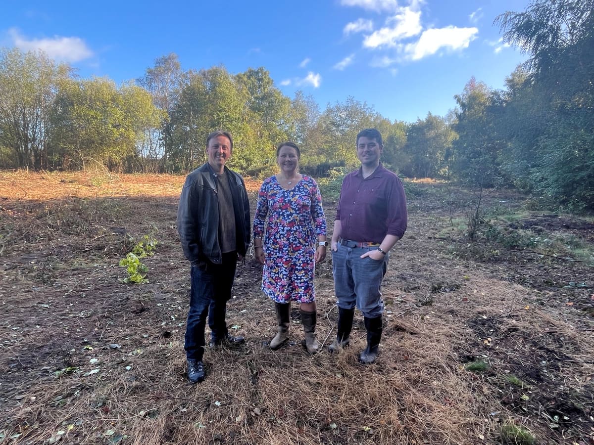 Three people at a heathland restoration site in Lichfield District, with cleared ground and woodland behind them