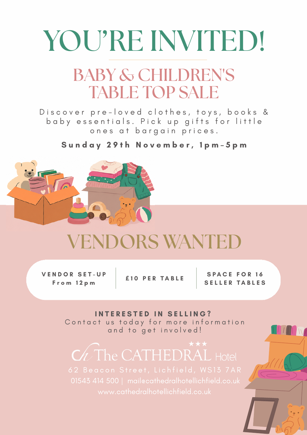 Full event flyer for the baby and children’s table-top sale at The Cathedral Hotel on 29 November 2026